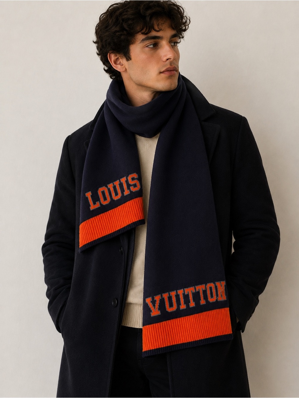 Louis Vuitton Men's Navy & Orange Logo Wool Knit Scarf